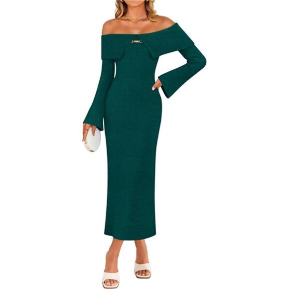 Women's Off Shoulder Sweater Dress Green - Picture 1 of 6